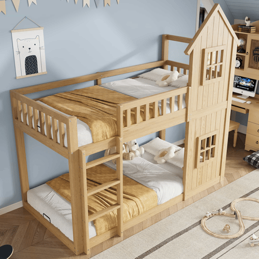 Beliche infantil 90 x 200 cm - design em forma de casinha com 2 janelas, escada de 3 degraus, grades de segurança em todo o perímetro, madeira de pinho e MDF - Natural