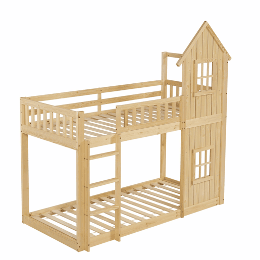 Beliche infantil 90 x 200 cm - design em forma de casinha com 2 janelas, escada de 3 degraus, grades de segurança em todo o perímetro, madeira de pinho e MDF - Natural