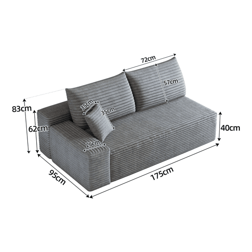 Sofá de 2 lugares, 175 x 95 cm u2013 estofado em veludo cotelê, modular e confortável u2013 Cinzento Sofá de 2 lugares, 175 x 95 cm u2013 estofado em veludo cotelê, modular e confortável u2013 Cinzento