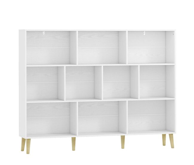 Homcom estantería de 10 cubos, librería de 3 niveles con patas de madera maciza, para dormitorio, salón, estudio u oficina, 140x24x107 cm, blanco