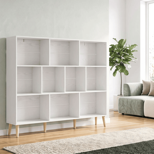 HOMCOM Estante de 10 Cubos com 3 Níveis e Pés em Madeira Maciça, para Quarto, Sala ou Escritório, 140x24x107 cm, Branco HOMCOM Estante de 10 Cubos com 3 Níveis e Pés em Madeira Maciça, para Quarto, Sala ou Escritório, 140x24x107 cm, Branco