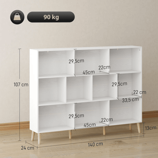 HOMCOM Estante de 10 Cubos com 3 Níveis e Pés em Madeira Maciça, para Quarto, Sala ou Escritório, 140x24x107 cm, Branco HOMCOM Estante de 10 Cubos com 3 Níveis e Pés em Madeira Maciça, para Quarto, Sala ou Escritório, 140x24x107 cm, Branco