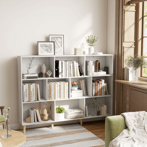 HOMCOM Estante de 10 Cubos com 3 Níveis e Pés em Madeira Maciça, para Quarto, Sala ou Escritório, 140x24x107 cm, Branco HOMCOM Estante de 10 Cubos com 3 Níveis e Pés em Madeira Maciça, para Quarto, Sala ou Escritório, 140x24x107 cm, Branco