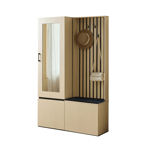 Armário de entrada com espelho e banco - barra de roupa extraível, sapateira, 4 ganchos, banco almofadado - madeira Armário de entrada com espelho e banco - barra de roupa extraível, sapateira, 4 ganchos, banco almofadado - madeira