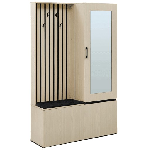 Armário de entrada com espelho e banco - barra de roupa extraível, sapateira, 4 ganchos, banco almofadado - madeira Armário de entrada com espelho e banco - barra de roupa extraível, sapateira, 4 ganchos, banco almofadado - madeira