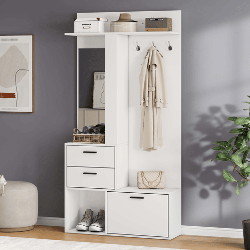 Móvel de entrada com cabideiro e banco para sapatos 90x30x180 cm - 2 gavetas, 3 ganchos, espelho de vidro, 3 prateleiras - branco