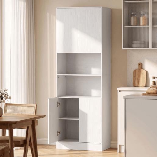 HOMCOM Alacena de Cozinha Alta, Móvel Auxiliar com 4 Portas de Fecho Suave, Prateleiras Ajustáveis, 2 Compartimentos Abertos, para Sala de Jantar, Sala, 60x30x170 cm, Branco