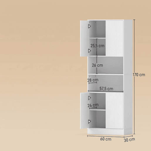 HOMCOM Alacena de Cozinha Alta, Móvel Auxiliar com 4 Portas de Fecho Suave, Prateleiras Ajustáveis, 2 Compartimentos Abertos, para Sala de Jantar, Sala, 60x30x170 cm, Branco