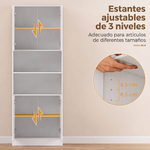 HOMCOM Alacena de Cozinha Alta, Móvel Auxiliar com 4 Portas de Fecho Suave, Prateleiras Ajustáveis, 2 Compartimentos Abertos, para Sala de Jantar, Sala, 60x30x170 cm, Branco