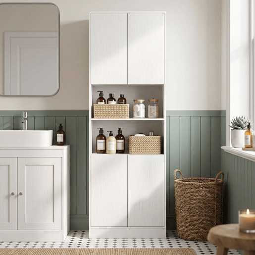 HOMCOM Alacena de Cozinha Alta, Móvel Auxiliar com 4 Portas de Fecho Suave, Prateleiras Ajustáveis, 2 Compartimentos Abertos, para Sala de Jantar, Sala, 60x30x170 cm, Branco