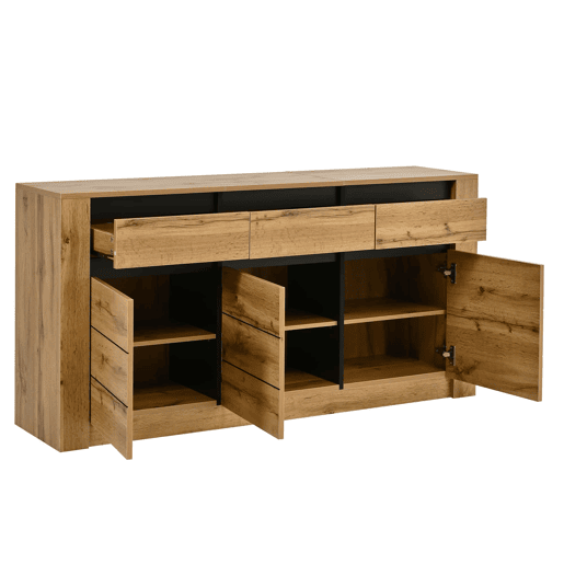 Aparador ondulado 135×35×70 cm - 9 compartimentos, 3 gavetas, armário moderno para sala de estar - madeira natural Aparador ondulado 135×35×70 cm - 9 compartimentos, 3 gavetas, armário moderno para sala de estar - madeira natural