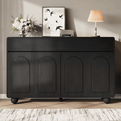 Aparador de 140 cm - portas curvas modernas, armário de arrumação em PB e MDF, pés metálicos redondos - preto Aparador de 140 cm - portas curvas modernas, armário de arrumação em PB e MDF, pés metálicos redondos - preto