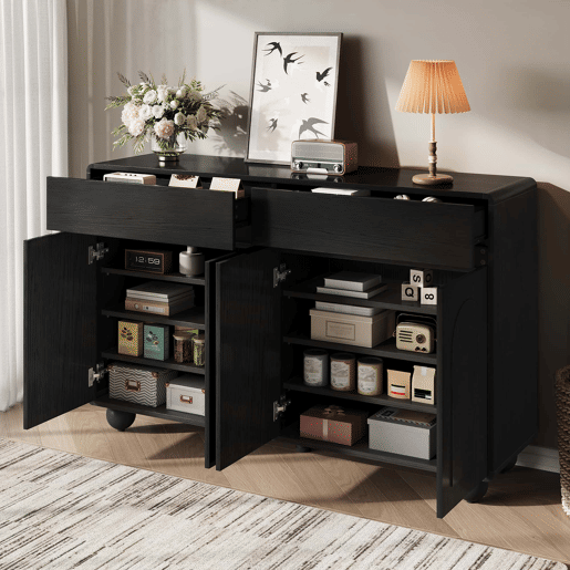 Aparador de 140 cm - portas curvas modernas, armário de arrumação em PB e MDF, pés metálicos redondos - preto Aparador de 140 cm - portas curvas modernas, armário de arrumação em PB e MDF, pés metálicos redondos - preto