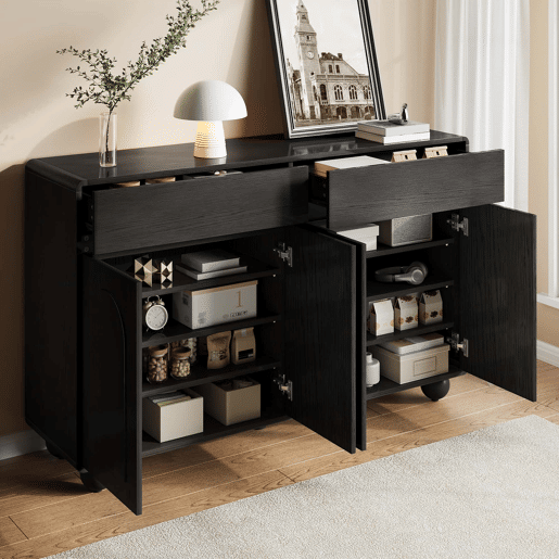 Aparador de 140 cm - portas curvas modernas, armário de arrumação em PB e MDF, pés metálicos redondos - preto Aparador de 140 cm - portas curvas modernas, armário de arrumação em PB e MDF, pés metálicos redondos - preto