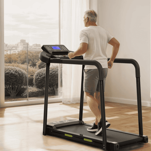 Passadeira para idosos - estrutura segura com corrimãos compridos, ecrã LED grande, aplicação, capacidade de 135 kg - Preto