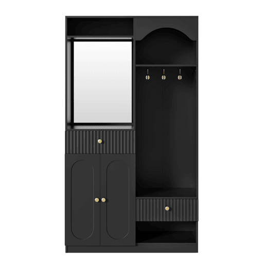 Entrada compacta com espelho e banco para sapatos - armário de corredor com cabides e LED RGB ajustável - Preto