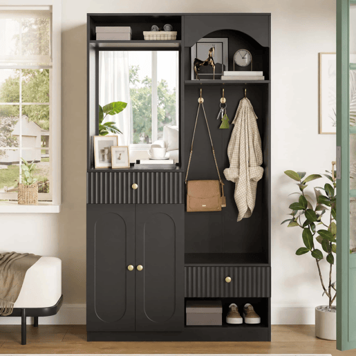 Entrada compacta com espelho e banco para sapatos - armário de corredor com cabides e LED RGB ajustável - Preto