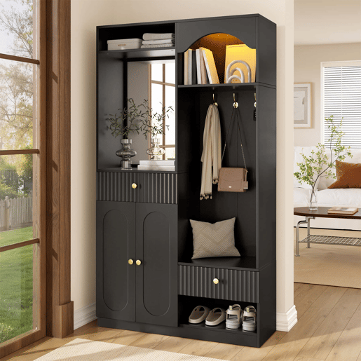 Entrada compacta com espelho e banco para sapatos - armário de corredor com cabides e LED RGB ajustável - Preto