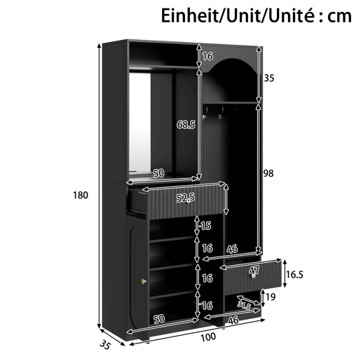 Entrada compacta com espelho e banco para sapatos - armário de corredor com cabides e LED RGB ajustável - Preto