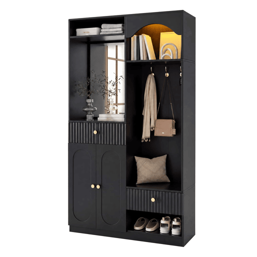 Entrada compacta com espelho e banco para sapatos - armário de corredor com cabides e LED RGB ajustável - Preto