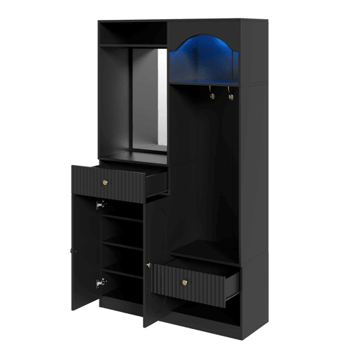 Entrada compacta com espelho e banco para sapatos - armário de corredor com cabides e LED RGB ajustável - Preto