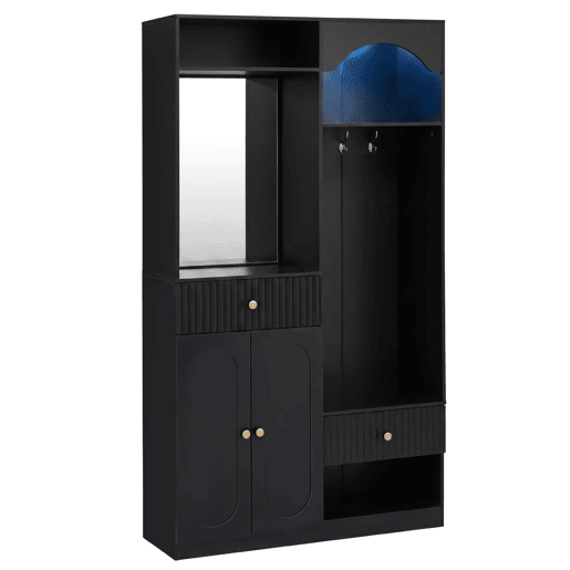 Entrada compacta com espelho e banco para sapatos - armário de corredor com cabides e LED RGB ajustável - Preto