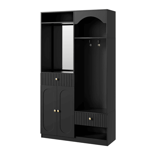 Entrada compacta com espelho e banco para sapatos - armário de corredor com cabides e LED RGB ajustável - Preto
