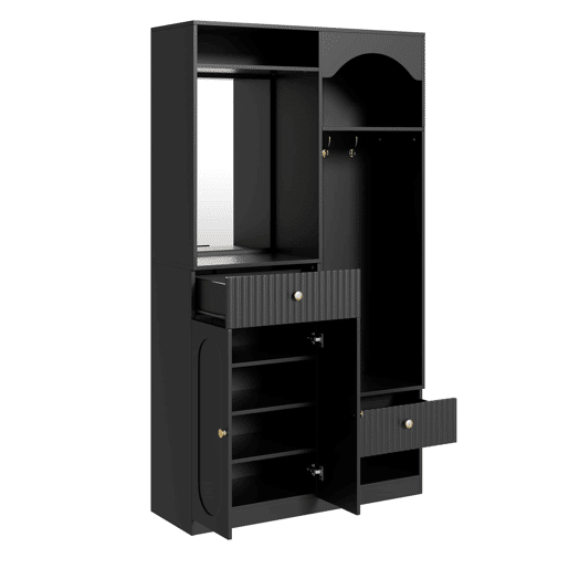 Entrada compacta com espelho e banco para sapatos - armário de corredor com cabides e LED RGB ajustável - Preto