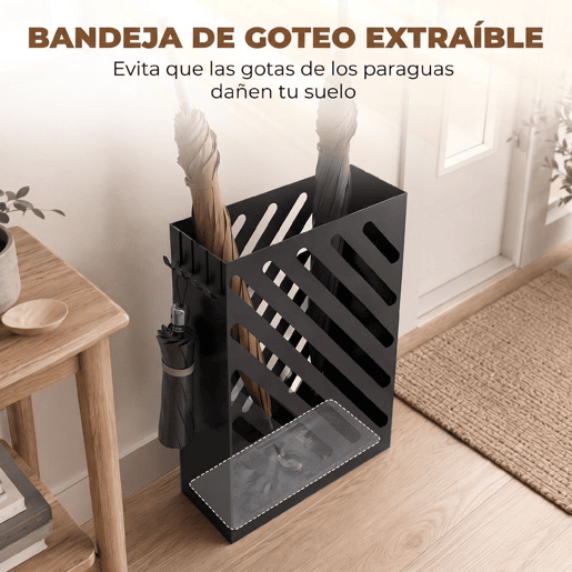 HOMCOM Suporte para Guarda-Chuvas Estreito em Aço Galvanizado com Tabuleiro Recolhe-Gotas Amovível e 4 Ganchos, 28x14x41 cm, Preto