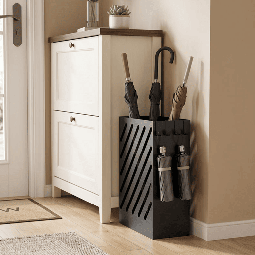 HOMCOM Suporte para Guarda-Chuvas Estreito em Aço Galvanizado com Tabuleiro Recolhe-Gotas Amovível e 4 Ganchos, 28x14x41 cm, Preto