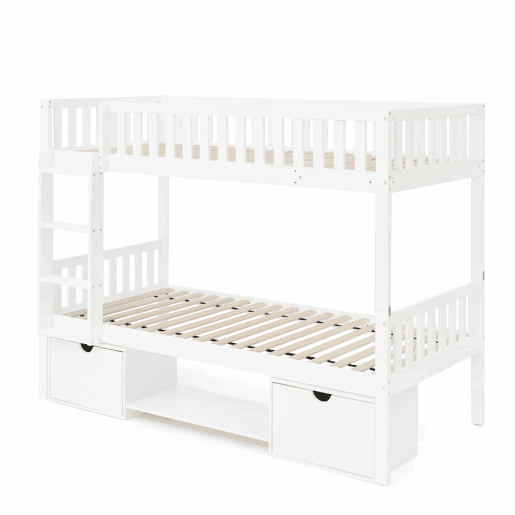 Cama infantil dupla em madeira maciça de pinho, 90×200 cm - convertível em 2 camas individuais, com grades de segurança, gavetas de arrumação, inclui escada, desmontável - branca (sem colchão) Cama infantil dupla em madeira maciça de pinho, 90×200 cm - convertível em 2 camas individuais, com grades de segurança, gavetas de arrumação, inclui escada, desmontável - branca (sem colchão)