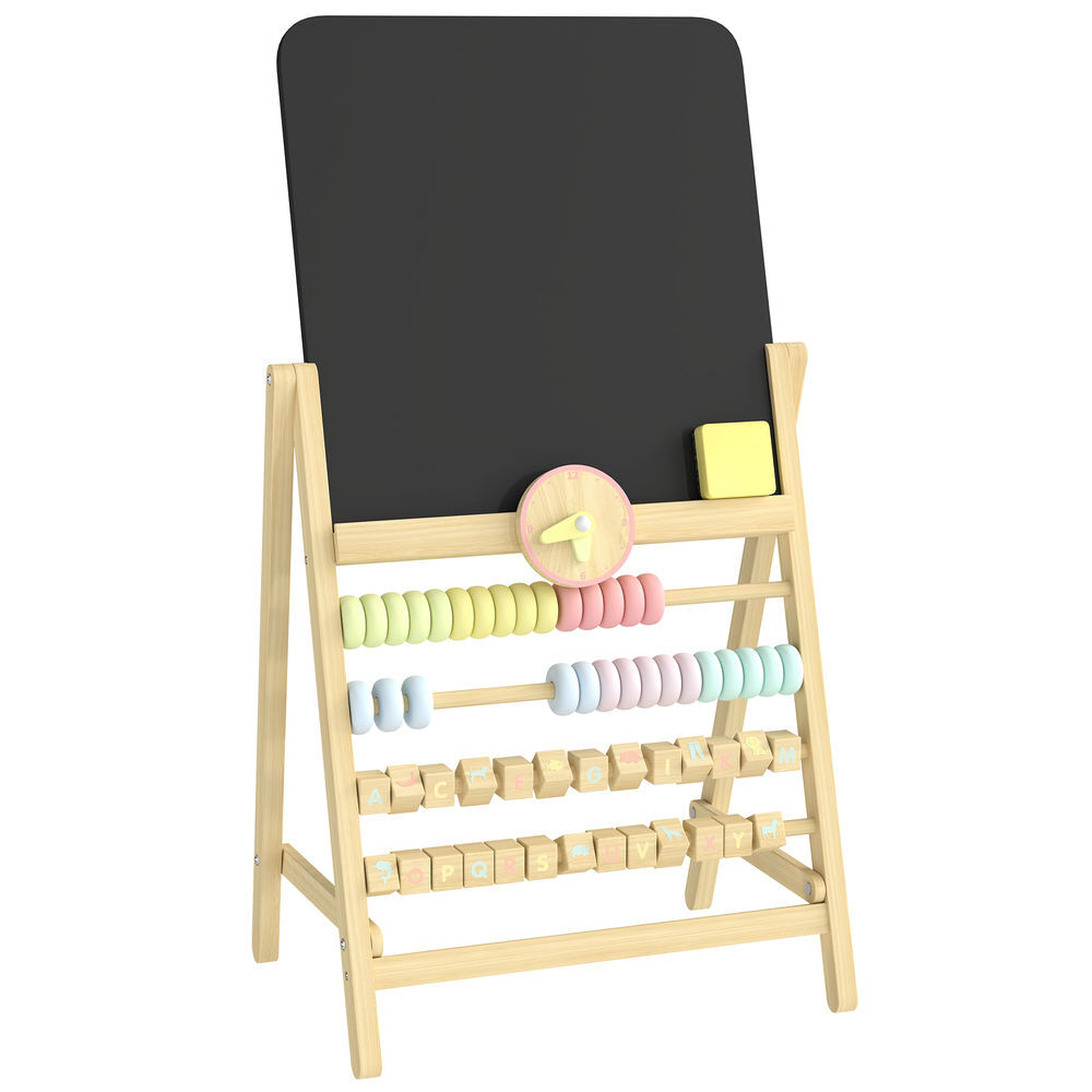 Aiyaplay pizarra infantil caballete, caballete de madera con pizarra doble cara, reloj, ábaco y borrador, para pintar y aprender, para niños +2 años, madera natural