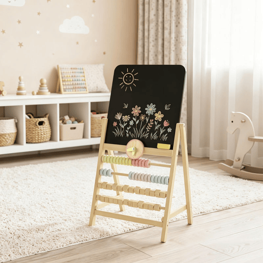 AIYAPLAY Cavalete Infantil em Madeira com Quadro de Dupla Face, Relógio, Ábaco e Apagador, +2 Anos, Natural AIYAPLAY Cavalete Infantil em Madeira com Quadro de Dupla Face, Relógio, Ábaco e Apagador, +2 Anos, Natural