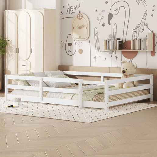 Cama infantil Montessori 140 x 200 cm - com grades nas quatro laterais, não requer base, madeira de pinho, montagem fácil - branca Cama infantil Montessori 140 x 200 cm - com grades nas quatro laterais, não requer base, madeira de pinho, montagem fácil - branca