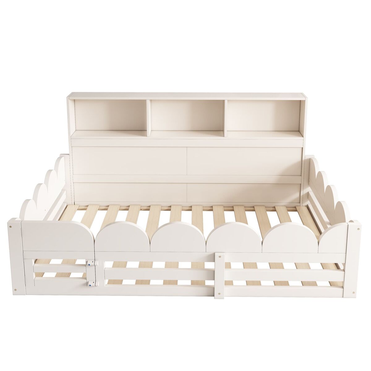 Cama infantil 140x190 - con barandilla y puerta, con estantería, área de juego segura - blanco