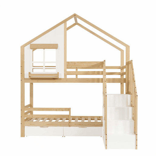 Beliche infantil 90 x 200 cm - Janelas decorativas, escada de segurança com corrimão, 2 gavetas com rodízios, madeira de pinho e MDF - Branco e natural Beliche infantil 90 x 200 cm - Janelas decorativas, escada de segurança com corrimão, 2 gavetas com rodízios, madeira de pinho e MDF - Branco e natural