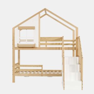 Beliche infantil 90 x 200 cm - Janelas decorativas, escada de segurança com corrimão, 2 gavetas com rodízios, madeira de pinho e MDF - Branco e natural
