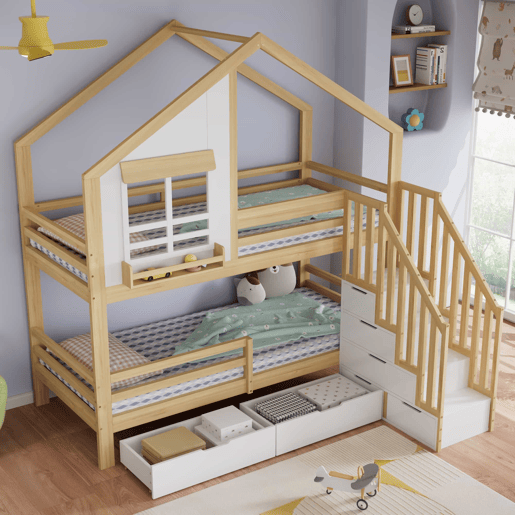 Beliche infantil 90 x 200 cm - Janelas decorativas, escada de segurança com corrimão, 2 gavetas com rodízios, madeira de pinho e MDF - Branco e natural Beliche infantil 90 x 200 cm - Janelas decorativas, escada de segurança com corrimão, 2 gavetas com rodízios, madeira de pinho e MDF - Branco e natural