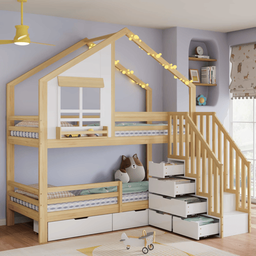 Beliche infantil 90 x 200 cm - Janelas decorativas, escada de segurança com corrimão, 2 gavetas com rodízios, madeira de pinho e MDF - Branco e natural Beliche infantil 90 x 200 cm - Janelas decorativas, escada de segurança com corrimão, 2 gavetas com rodízios, madeira de pinho e MDF - Branco e natural