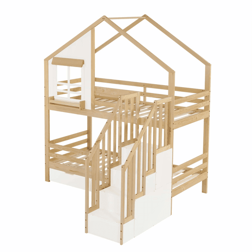 Beliche infantil 90 x 200 cm - Janelas decorativas, escada de segurança com corrimão, 2 gavetas com rodízios, madeira de pinho e MDF - Branco e natural Beliche infantil 90 x 200 cm - Janelas decorativas, escada de segurança com corrimão, 2 gavetas com rodízios, madeira de pinho e MDF - Branco e natural