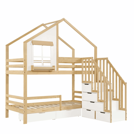 Beliche infantil 90 x 200 cm - Janelas decorativas, escada de segurança com corrimão, 2 gavetas com rodízios, madeira de pinho e MDF - Branco e natural Beliche infantil 90 x 200 cm - Janelas decorativas, escada de segurança com corrimão, 2 gavetas com rodízios, madeira de pinho e MDF - Branco e natural