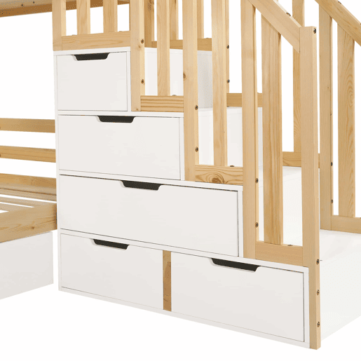 Beliche infantil 90 x 200 cm - Janelas decorativas, escada de segurança com corrimão, 2 gavetas com rodízios, madeira de pinho e MDF - Branco e natural Beliche infantil 90 x 200 cm - Janelas decorativas, escada de segurança com corrimão, 2 gavetas com rodízios, madeira de pinho e MDF - Branco e natural