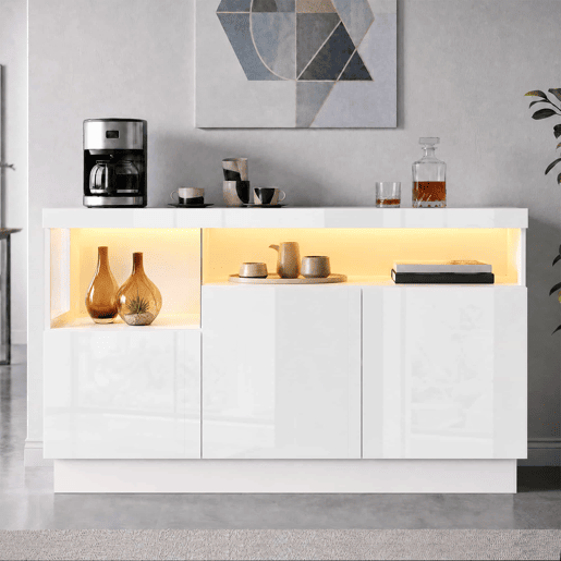Aparador sem dimensões especificadas - Iluminação LED com controlo por aplicação, compartimentos em acrílico, armário de arrumação para sala de estar, design moderno - Branco Aparador sem dimensões especificadas - Iluminação LED com controlo por aplicação, compartimentos em acrílico, armário de arrumação para sala de estar, design moderno - Branco