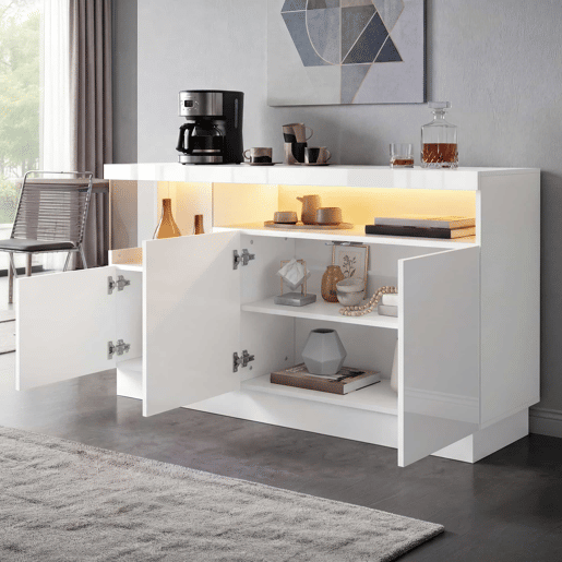 Aparador sem dimensões especificadas - Iluminação LED com controlo por aplicação, compartimentos em acrílico, armário de arrumação para sala de estar, design moderno - Branco Aparador sem dimensões especificadas - Iluminação LED com controlo por aplicação, compartimentos em acrílico, armário de arrumação para sala de estar, design moderno - Branco