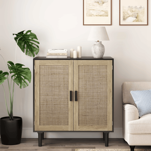 Armário de rattan com duas portas, 80 cm u2013 para sala de jantar, sala de estar ou hall de entrada u2013 preto Armário de rattan com duas portas, 80 cm u2013 para sala de jantar, sala de estar ou hall de entrada u2013 preto