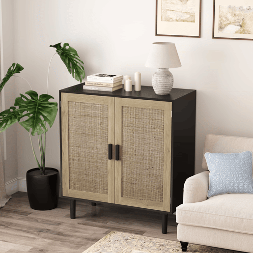 Armário de rattan com duas portas, 80 cm u2013 para sala de jantar, sala de estar ou hall de entrada u2013 preto Armário de rattan com duas portas, 80 cm u2013 para sala de jantar, sala de estar ou hall de entrada u2013 preto