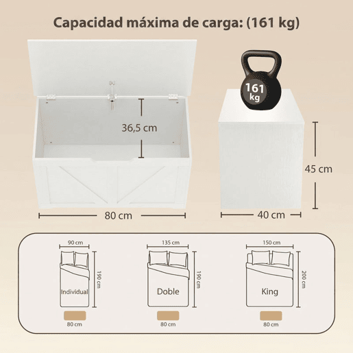 HOMCOM Baú de Arrumação 100L com Tampa de Segurança, Banco com Puxador em U, 80x40x45 cm, Branco