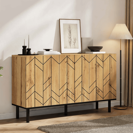 Aparador 120 x 35 x 70 cm - 3 portas, design ondulado, pés metálicos, 50 kg - madeira natural
