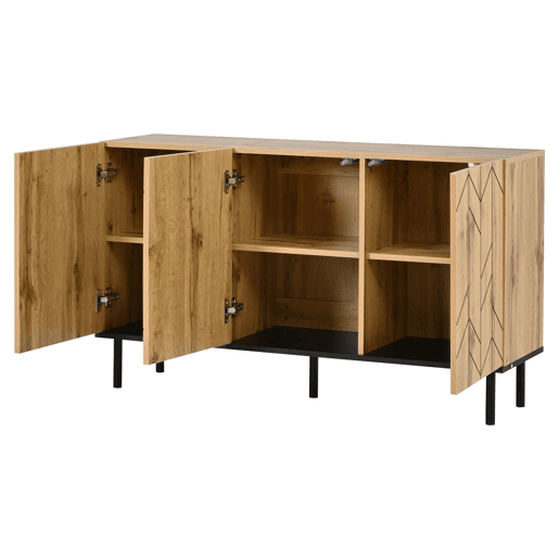 Aparador 120 x 35 x 70 cm - 3 portas, design ondulado, pés metálicos, 50 kg - madeira natural