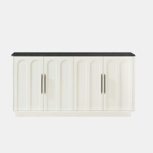 Aparador de 160 cm - frente arqueada, 4 portas, dobradiças com fecho suave, sistema anti-tombamento, armário de arrumação para sala de estar e sala de jantar - branco e preto